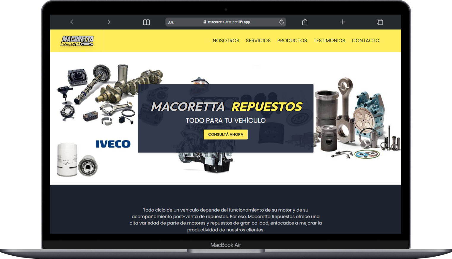 Captura de pantalla del proyecto Website Oficial de Macoretta Repuestos